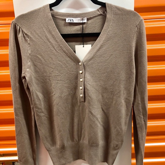 ZARA Knit Sweater Top w Pearls, M, NWT - Picture 1 of 7
